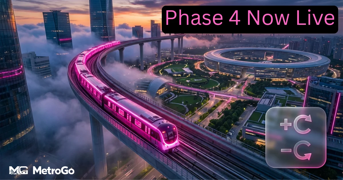 Futuristic pink metro train on a circular elevated track over a Delhi cityscape at sunset, featuring a glowing navigation UI overlay.