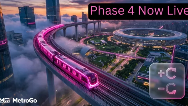 Futuristic pink metro train on a circular elevated track over a Delhi cityscape at sunset, featuring a glowing navigation UI overlay.