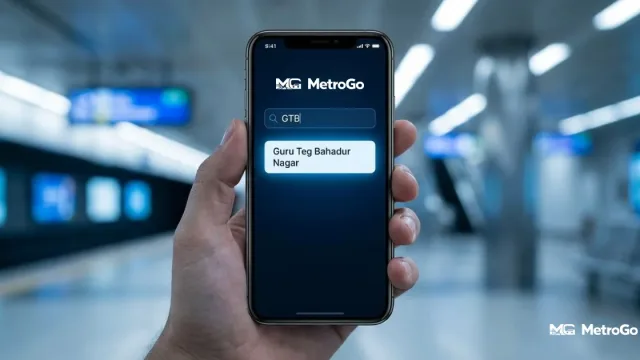 A hand holding a smartphone showing the MetroGo app search result "Guru Teg Bahadur Nagar" for the search query "GTB"